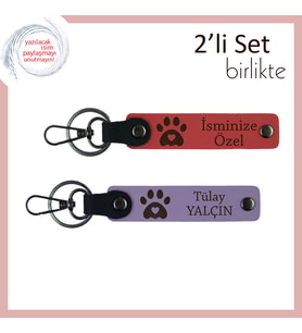 Yeni Kedi Sahiplenenlere Uygun Hatıra Hediyelik, Kalpli Pati Desenli Deri Set, Nar Çiçeği-Lila