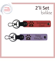 Yeni Kedi Sahiplenenlere Uygun Hatıra Hediyelik, Kalpli Pati Desenli Deri Set, Nar Çiçeği-Lila