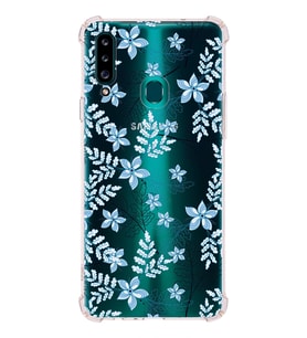Samsung Galaxy  A20s Uyumlu Köşe Korumalı Antişok Kapak Floral Mavi Tasarımlı Şeffaf  Kılıf