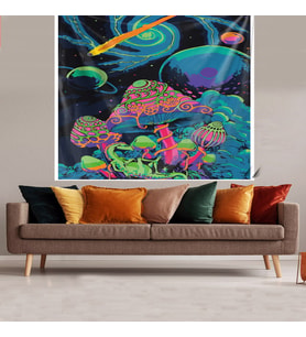 Uzaydaki Renkli Mantarlar Desenli Leke Tutmaz Kadife Dokulu Kumaş Duvar Örtüsü Duvar Halısı Tapestry (Çok Renkli)