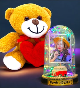 Size Özel Renkli Led Işıklı Fanus ve Kalpli Peluş Ayıcık Hediye Seti (Model 2)