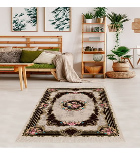 Gül Varak Desenli Dijital Baskı Yıkanabilir Kaymaz Taban Vintage Salon Halısı ve Yolluk (Kahverengi)