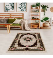 Gül Varak Desenli Dijital Baskı Yıkanabilir Kaymaz Taban Vintage Salon Halısı ve Yolluk (Kahverengi)
