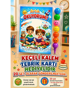 20 Set Yeni Okumayı Öğrenen Öğrencilere Hediye Artık Okuyorum Yazılı 1. Sınıf Hatırası Keçeli Kalem Tebrik Kartı Hediyeli