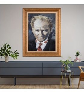 Altın Varaklı Çerçeveli Paspartulu Atatürk Tablo DC1044 (Gold)