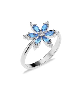 Aqua Taşlı Lotus Çiçeği Beyaz Gümüş Yüzük