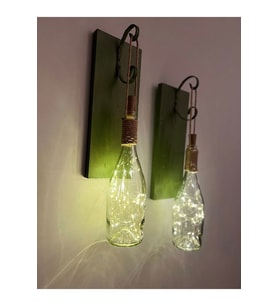 Tıpa Peri Led Işıklı Koyu Yeşil Ahşap Cam Şampanya Şişesi Duvar Aplik 2'li Set (Çok Renkli)