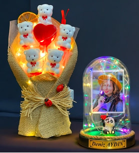 Kişiye Özel Renkli Led Işıklı Fanus ve Led Işıklı Ayıcık Buketi Hediye Seti (Model 8)