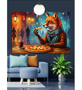 Restoranda Pizza Yiyen Tilki Dekoratif Kanvas - Mdf Ahşap Tablo