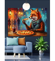 Restoranda Pizza Yiyen Tilki Dekoratif Kanvas - Mdf Ahşap Tablo