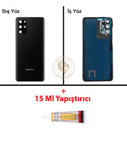 Samsung Galaxy S20 Plus Siyah Renk Lensli Arka Kapak + B7000 Yapıştırıcı Arka Cam Batarya Kapağı Pil Kapağı Lazer Kesim Back Cover Galaxy S20 Plus Uyumlu