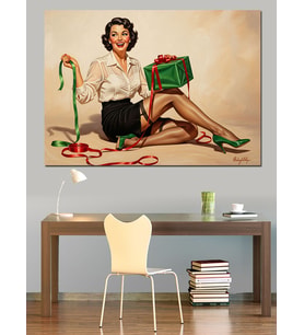 Noel Hediyeli Pin-Up Kadın Dekoratif Kanvas - Mdf Ahşap Tablo