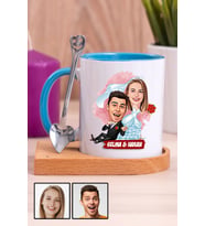 Eşe İlginç Hediye Evlilik Temalı Karikatürlü Ahşap Altlıklı Mavi Kupa Bardak
