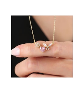 Işıltılı Kelebek Kalbi Gold Renk Flowers 925 Ayar Gümüş Kolye