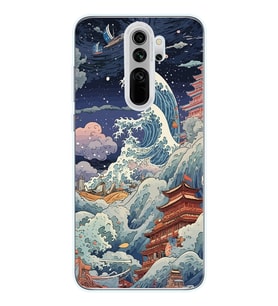 Redmi Note 8 Pro Uyumlu Kanagawa Dalga Kolaj Desenli Şeffaf Telefon Kılıfı