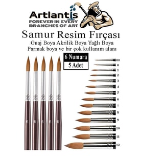 Resim Fırçası 6 Numara 5 li 1 Paket Samur Yuvarlak Uçlu Fırça Seti Guaj Sulu Akrilik Yağlı Boya Fırçaları (Naturel)