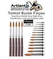 Resim Fırçası 6 Numara 5 li 1 Paket Samur Yuvarlak Uçlu Fırça Seti Guaj Sulu Akrilik Yağlı Boya Fırçaları (Naturel)