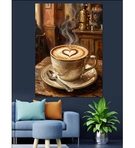 Kalp Desenli Köpüklü Kahve Fincanı Dekoratif Kanvas - Mdf Ahşap Tablo