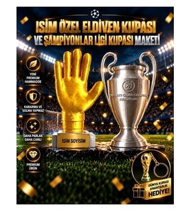 İsime Özel Altın Eldiven Kupası ve Şampiyonlar Ligi Kupası Maketi Seti Dünya Kupası Anahtarlık Hediyeli