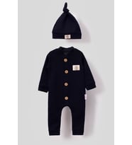Unisex Tahta Düğme Görselli Şapkalı Waffle Bebek Tulum - Beyaz