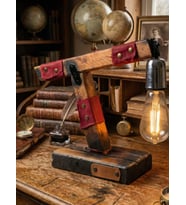 WoodyLight Rustik El Yapımı Masif Ahşap Masa Lambası - Retro Edison Tasarım Dekoratif Gece Lambası