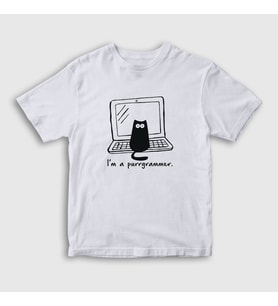 Presmono Unisex Çocuk Beyaz Cat Purrgrammer Developer Yazılımcı T-Shirt 331442tt