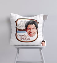 BK Gift Kişiye Özel İsimli Gemi ve Erkek Yüz Karikatürlü Yastık-1