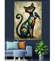 Mozaik Desenli Renkli Modern Kedi Dekoratif Kanvas - Mdf Ahşap Tablo