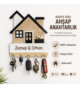 Kişiye Özel Ev Şeklinde Duvar Anahtarlığı – İsim ve Tarih Kazımalı Anahtar Askılığı