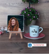 Sevimli Panda Fotoğraflı Dekoratif Taş, Ahşap Altlıklı Türk Kahvesi Fincanı Hediye (Model 6)
