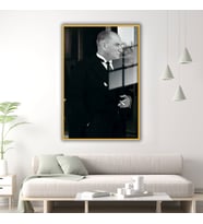 Metal Çerçeveli Temperli Cam Ofis Tablosu Siyah Beyaz Atatürk (Gold)