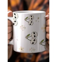 Sevimli Kuru Kafa ve Kiraz Desenli 330ml Baskılı Beyaz Seramik Kupa Bardak