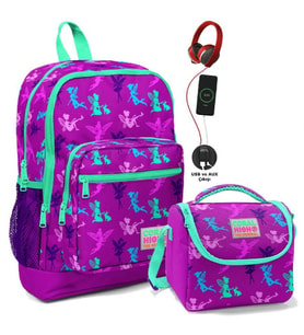 Coral High Okul Çantası ve Beslenme Çantası Seti - Kız Çocuk Mor Peri - USB Soketli