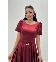 Saten Kumaş Balon Kol Midi Elbise - BORDO