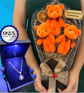 Işıklı Kutusunda 925 Ayar Gümüş Lotus Kolye ve Kişiye Özel Büyük Boy Peluş Ayıcık Buketi (Model 4)