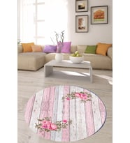 Çiçek Desenli Dijital Baskı Yıkanabilir Kaymaz Taban Vintage Yuvarlak Salon ve Hol Halısı (Pembe)