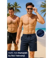 Erkek 2'li Paket Fit Kısa Boy Cepli Beli Bağcıklı Düz Hafif Kumaş Regular Deniz Şortu Mayo