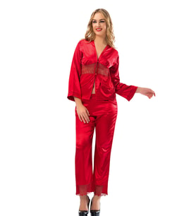 Kırmızı Saten Pijama Takımı - 1601 (Çok Renkli)