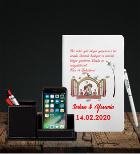 Sevgililer Gününe Özel Beyaz Defter Kalem & Deri Kaplama Kalemlik Hediye Seti 12