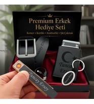Babaya Arkadaşa Eşe Sevgiliye Hediye İsme Özel Premium Tasarım Erkek Hediye Seti - Mekanizmalı Otomatik Kartlık Cüzdan Kemer Usb Çakmak Anahtarlık - Ay Yıldız Tasarımlı