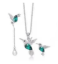 Monemel Kristal Taşlı Gümüş Anka Kuşu Kolye ve Küpe Set (Altın Kaplama)