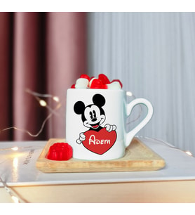 Mickey Mouse Tasarımlı Ahşap Tabaklı Kişiye Özel Türk Kahvesi Fincanı