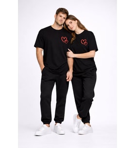 Sevgili Kombini Kalp Baskılı Oversize Çift Tişört Unisex Uyumlu Partner Kombin Seti (Siyah)