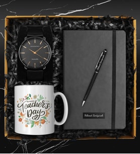 Öğretmenler Gününe Özel Tasarım Kupa & Kişiye Özel Defter & Kalem & Hasır Kordon Saat