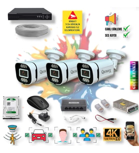 3 Kameralı IP Set - Yapay Zeka Özellikli Gece Renkli Gösteren Sesli 6 Warm Ledli 4K FULLHD IP Güvenlik Kamerası Seti 4386WS
