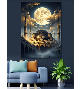 Dolunay Altında Tarihi Camii Silüeti Dekoratif Kanvas - Mdf Ahşap Tablo