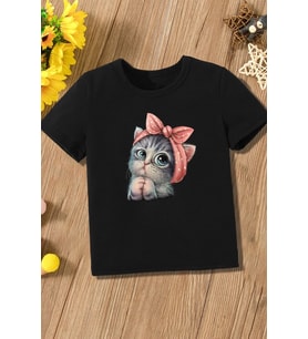 Çocuk Minnoş Kedi Baskılı Pamuklu Tshirt (Siyah)