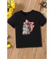 Çocuk Minnoş Kedi Baskılı Pamuklu Tshirt (Siyah)