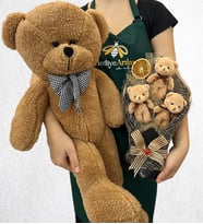 Büyük Boy Kahverengi Peluş Ayıcık ve 3'lü Peluş Ayıcık Buketi (Model 3)