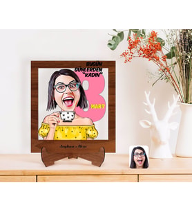 BK Gift Kişiye Özel Kadınlar Günü Karikatürlü Ahşap Standlı 3D Biblo-2 (Beyaz)